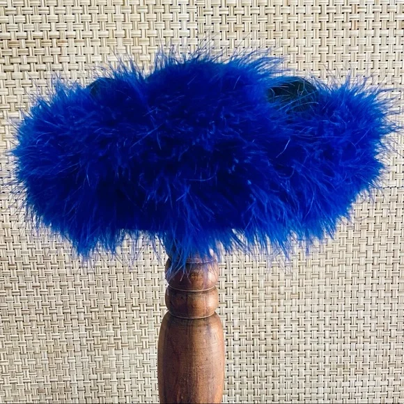 SOLD 🌟2xHP🌟VTG 1940-50s Blue Ostrich Feather Black Wool Pillbox Hat USA - Picture 2 of 16